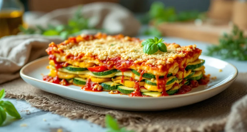 Lasanha vegana de abobrinha com tofu e legumes