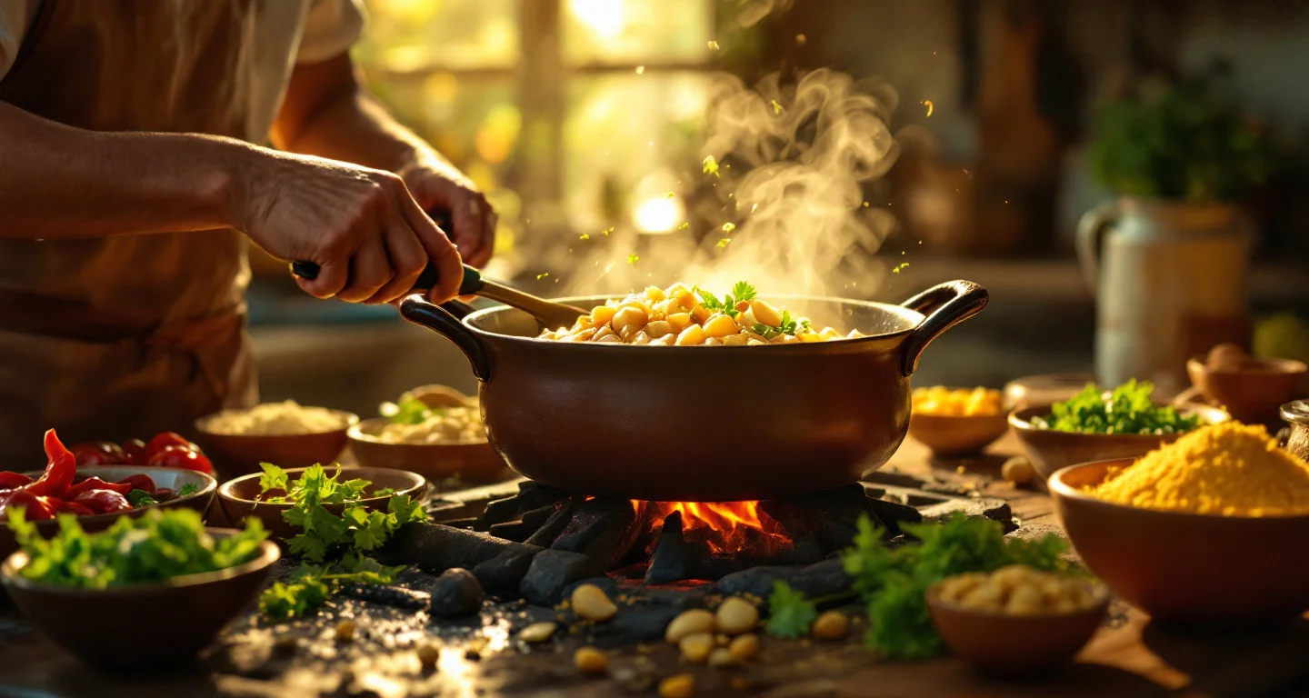 Uma cozinha brasileira tradicional banhada pela luz dourada do final da tarde entrando pelas janelas