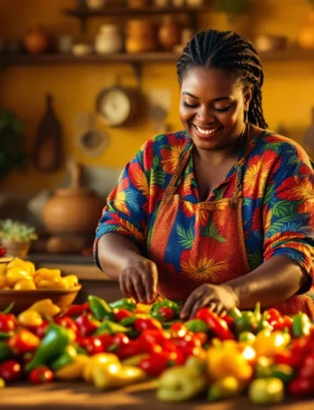 Uma mulher afro brasileira, cercada por uma exuberante coleção de pimentas
