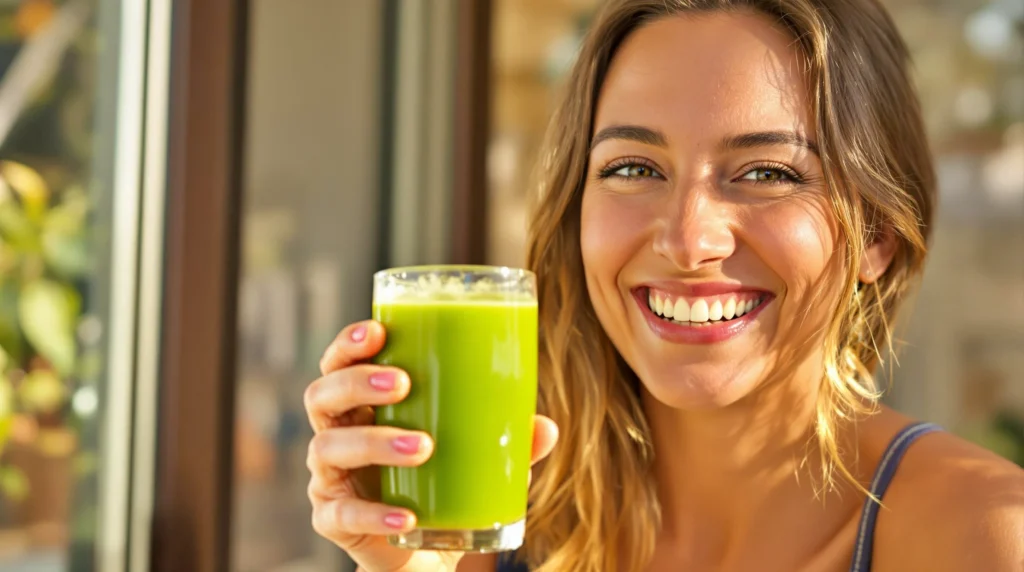 Uma pessoa sorridente segurando um copo de suco verde vibrante próximo a uma janela ensolarada 1