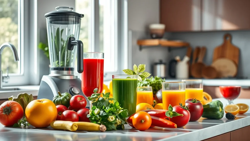 Bancada de cozinha iluminada por luz natural, com frutas e vegetais frescos coloridos organizados 2