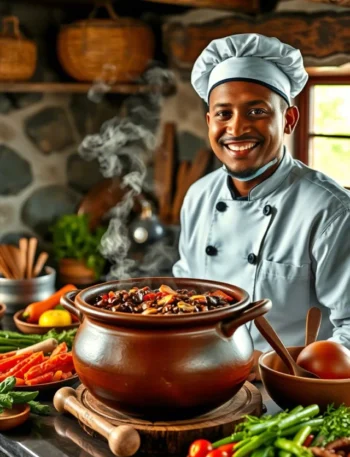 Chef brasileiro sorridente em cozinha rústica, mostrando uma panela de barro com feijoada fumegante