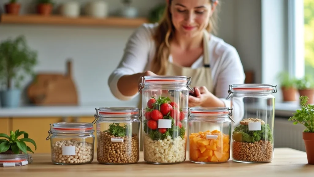 Pessoa preparando ingredientes para a semana em recipientes de vidro transparentes organizados, com etiquetas de dias da