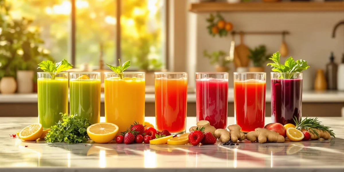 Sete copos de vidro cristalino alinhados em semicírculo, cada um contendo um suco detox de cor diferente