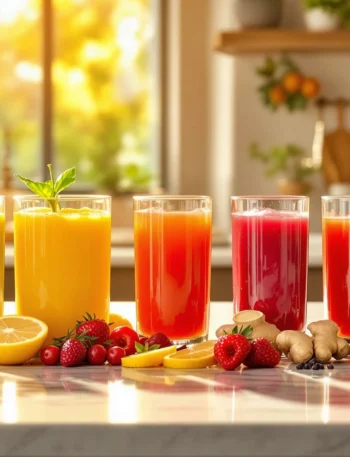 Sete copos de vidro cristalino alinhados em semicírculo, cada um contendo um suco detox de cor diferente