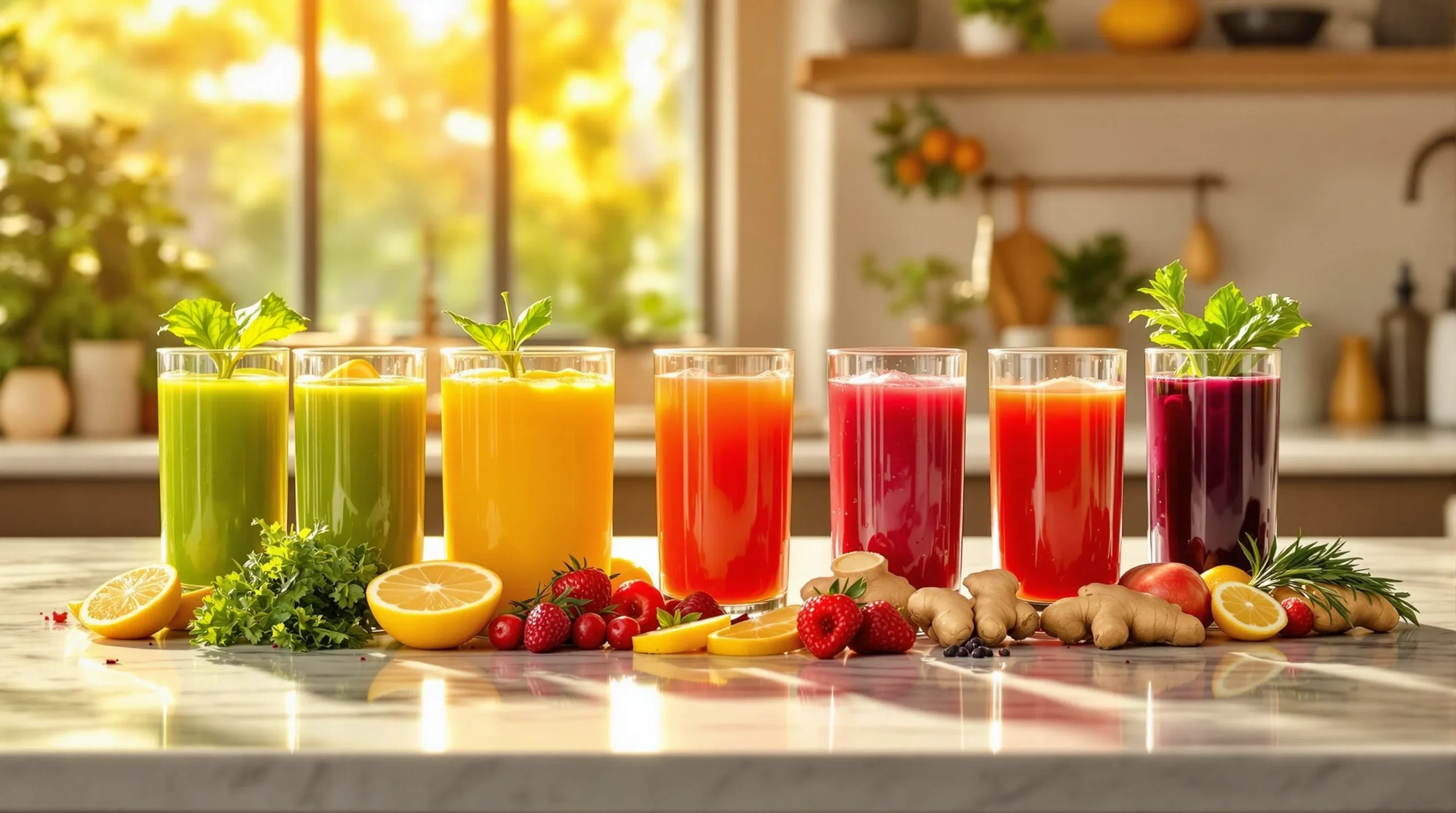 Sete copos de vidro cristalino alinhados em semicírculo, cada um contendo um suco detox de cor diferente