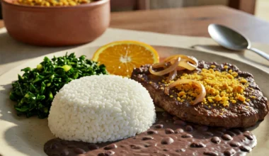 um prato tradicional brasileiro de arroz com feijão
