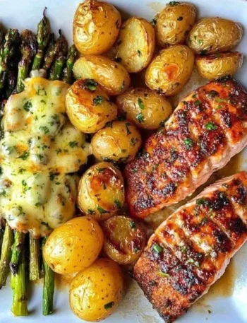 Salmão assado com batatas e aspargos ao molho de queijo