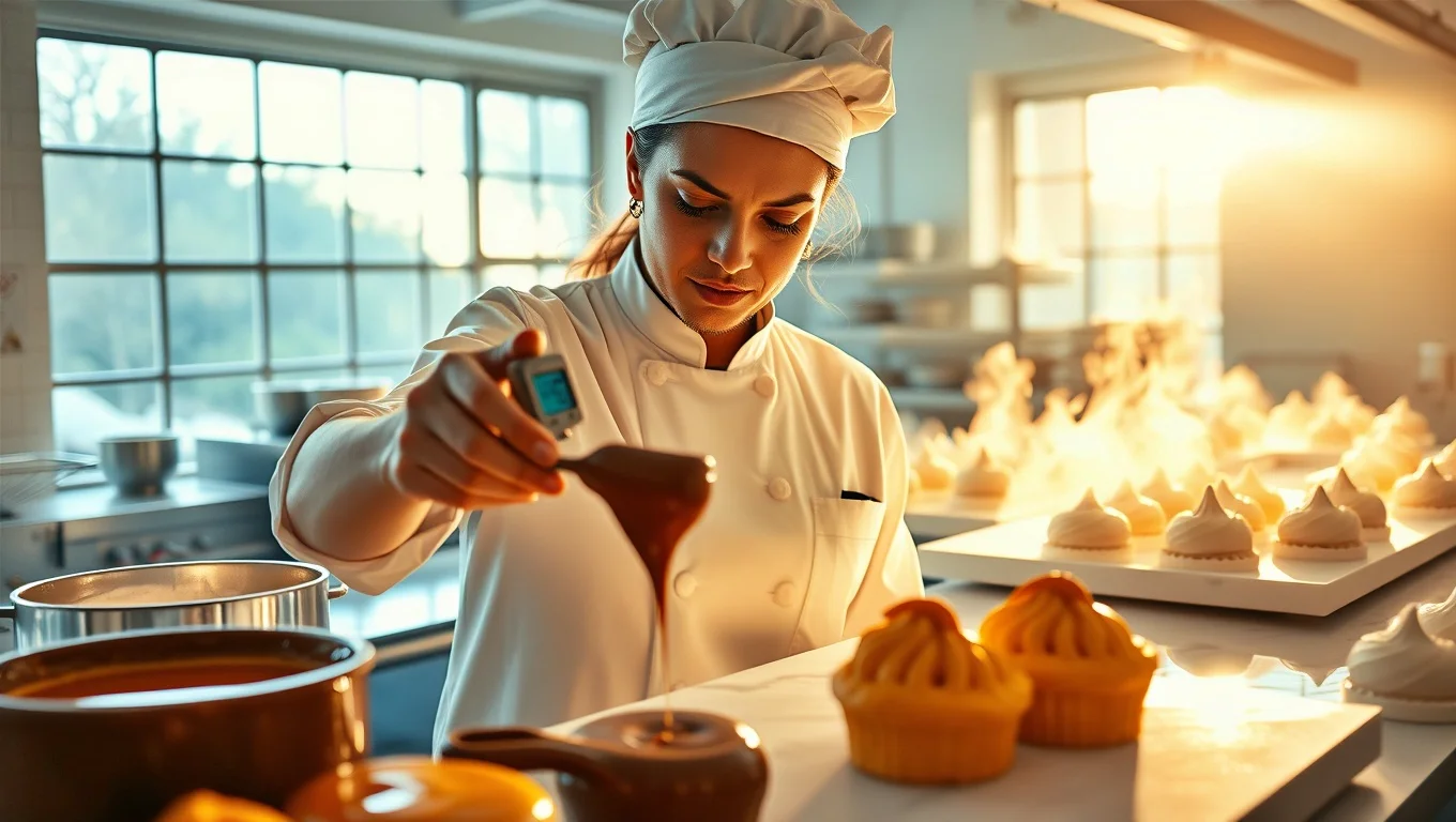 Uma confeiteira concentrada verifica a temperatura de um chocolate brilhante com um termômetro digital de precisão